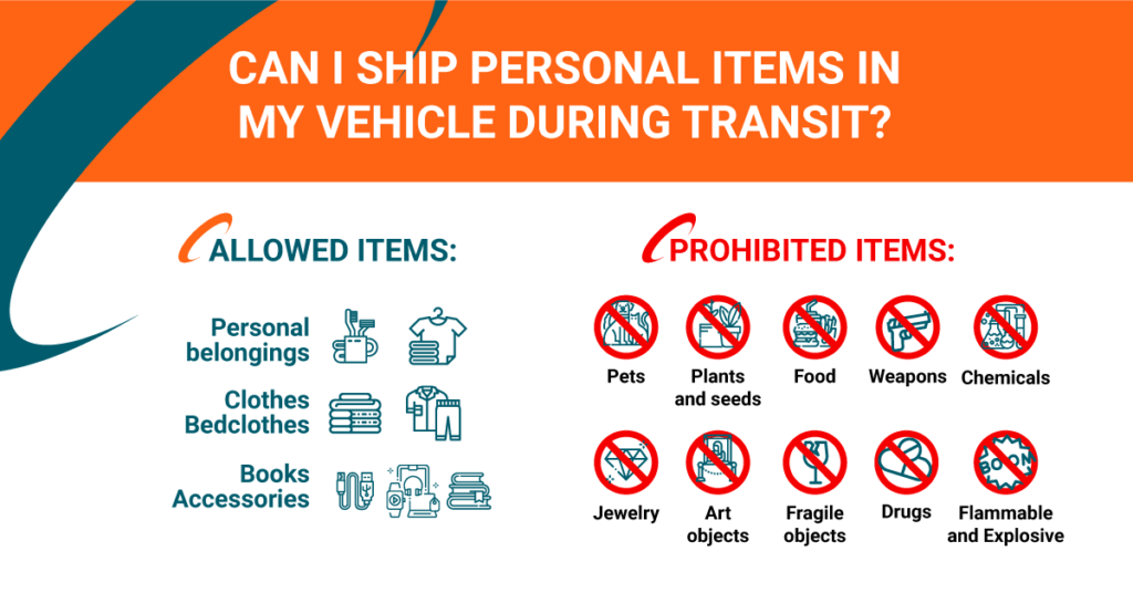 can I ship personal items in my vehicle during transit?